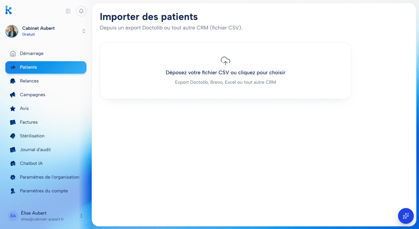 L'écran d'import : déposez votre export Doctolib ou votre fichier CSV